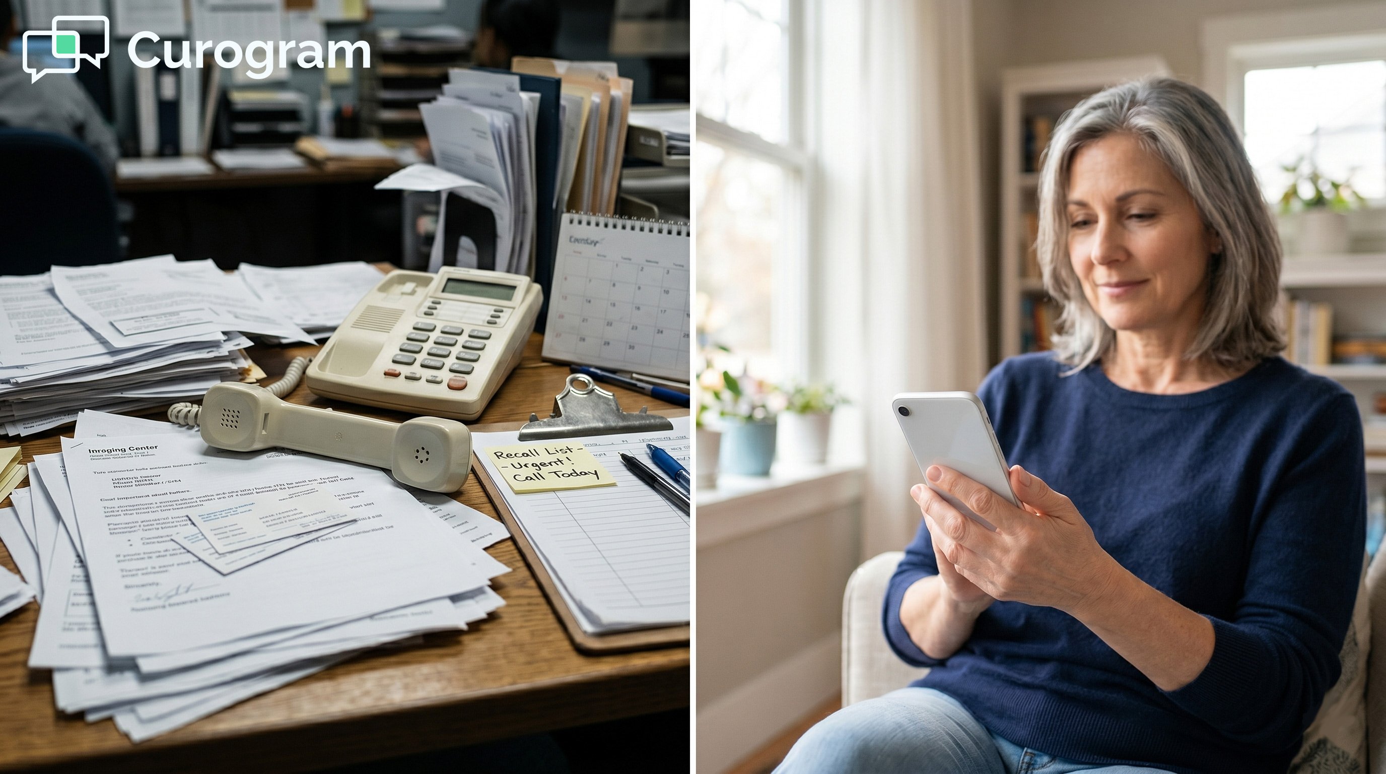 Cluttered desk and office vs Secured smartphone text message for patient recall. HIPAA-compliant