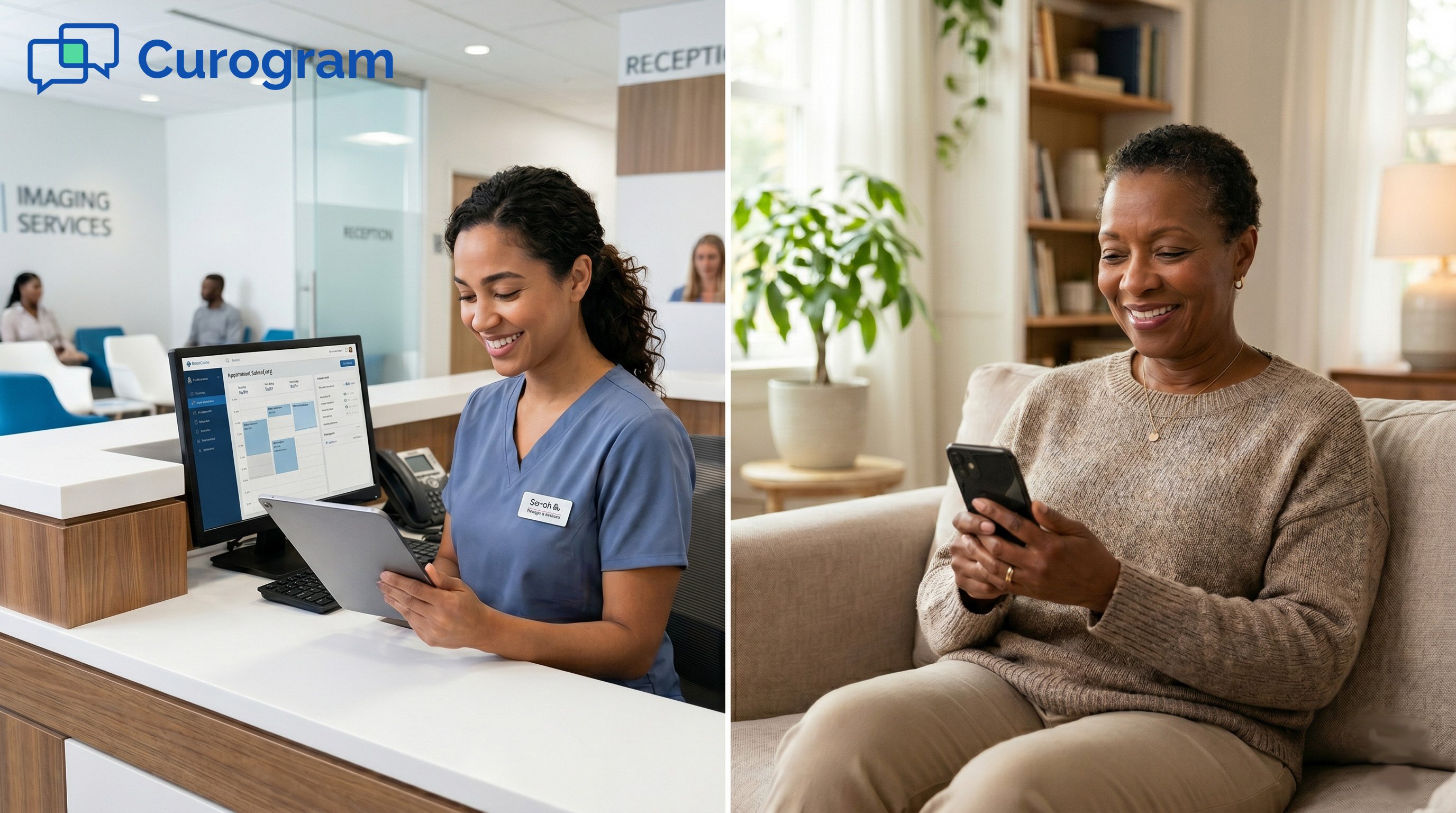 Clinic receptionist and patient on couch connected by a patient appointment text message