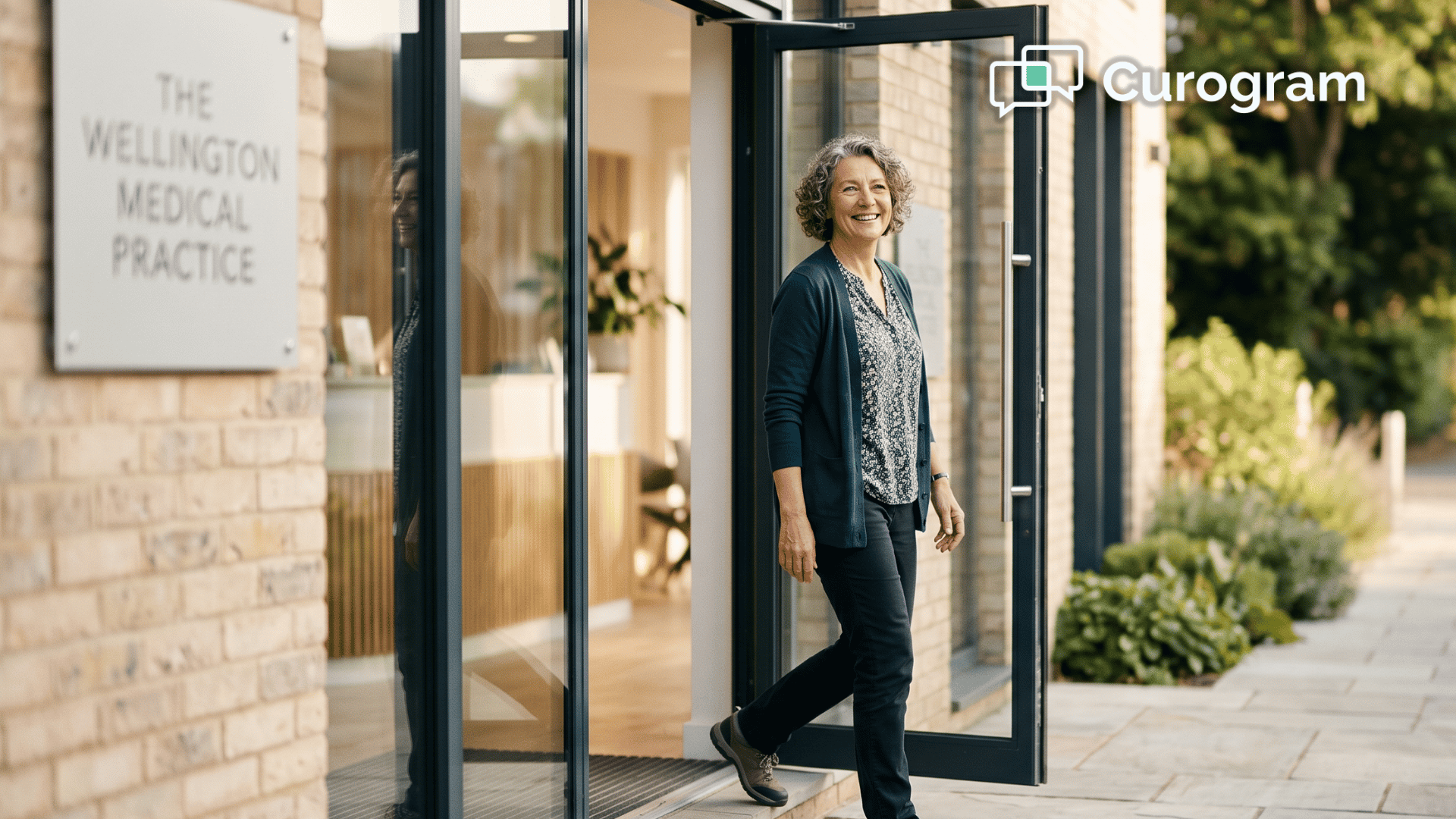 Happy patient leaving a medical practice after a positive eClinicalWorks visit