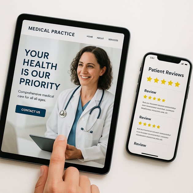 Tablet and smartphone displaying a medical practice's website and positive online reviews, key for digital patient referrals.