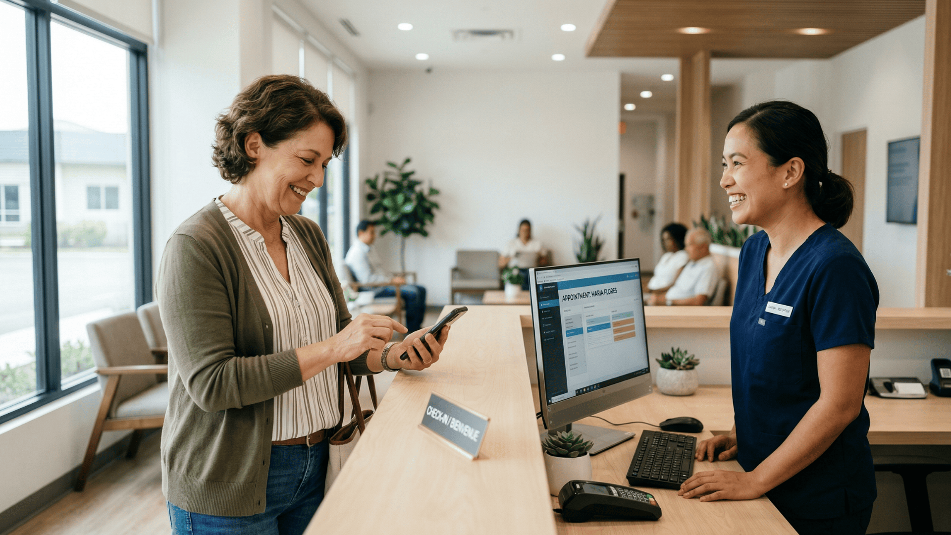 Patient confirming appointment at clinic front desk after receiving a text reminder