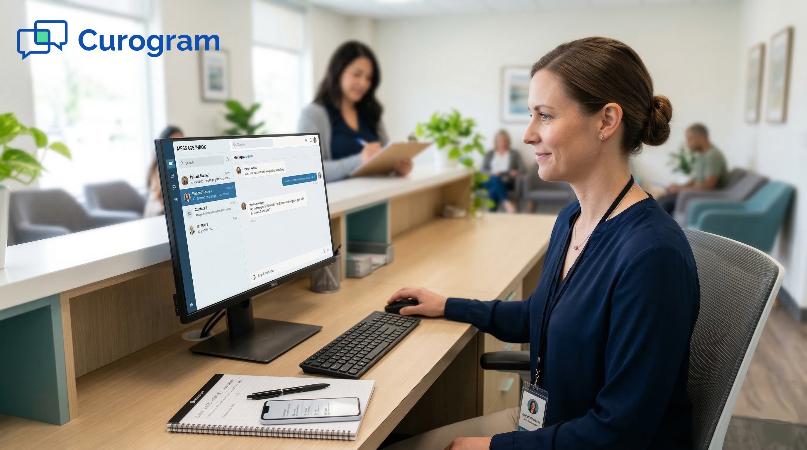 Medical front desk photograph of a professional office manager working at a computer