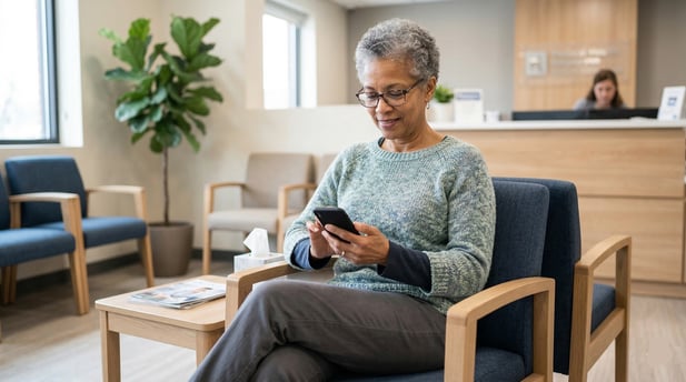 Old woman in a medical practice texting on a smartphone
