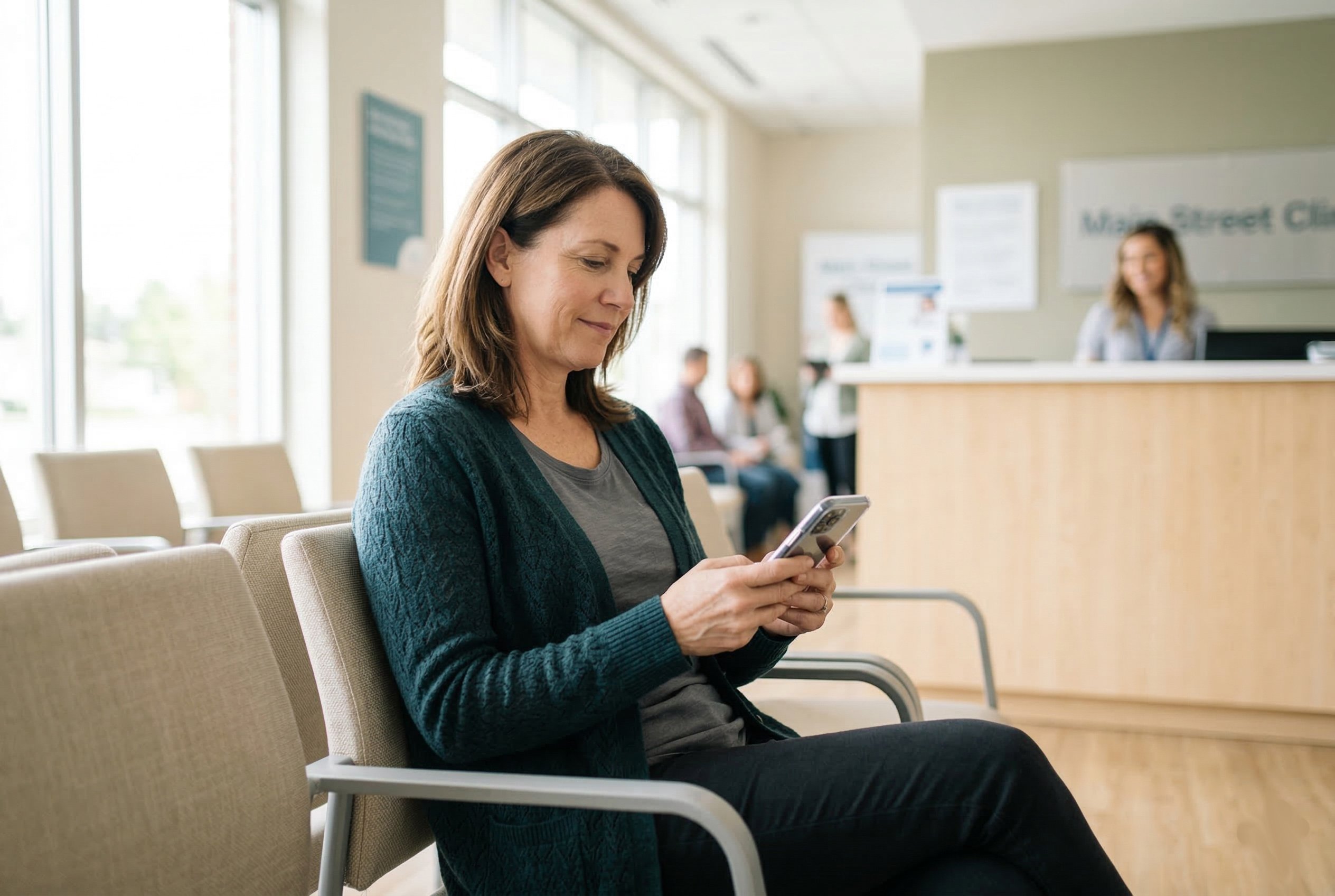 Happy patient using her phone at the modern Main Street Clinic reception area