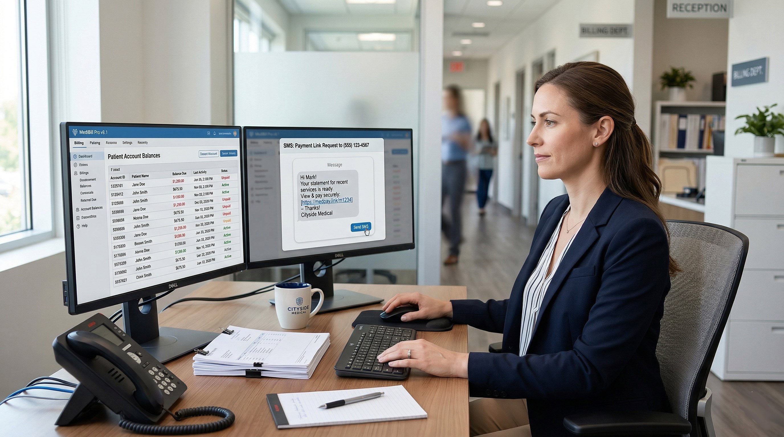 Medical billing specialist using dual-monitor software to send SMS patient payment links