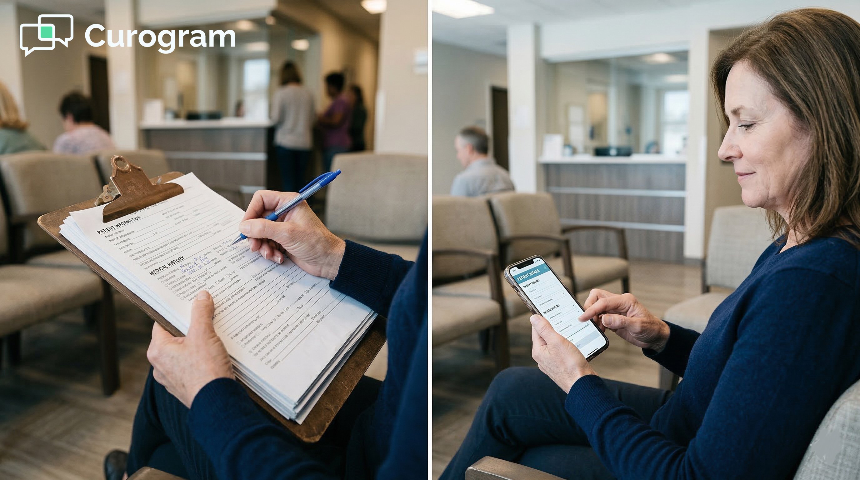 Patient filling paper forms versus using a modern digital intake app on a smartphone