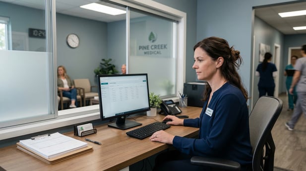 Modern medical office manager at her reception desk using a patient data dashboard and form