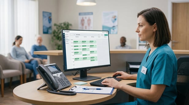 A medical staff member calmly reviews a confirmed appointment schedule
