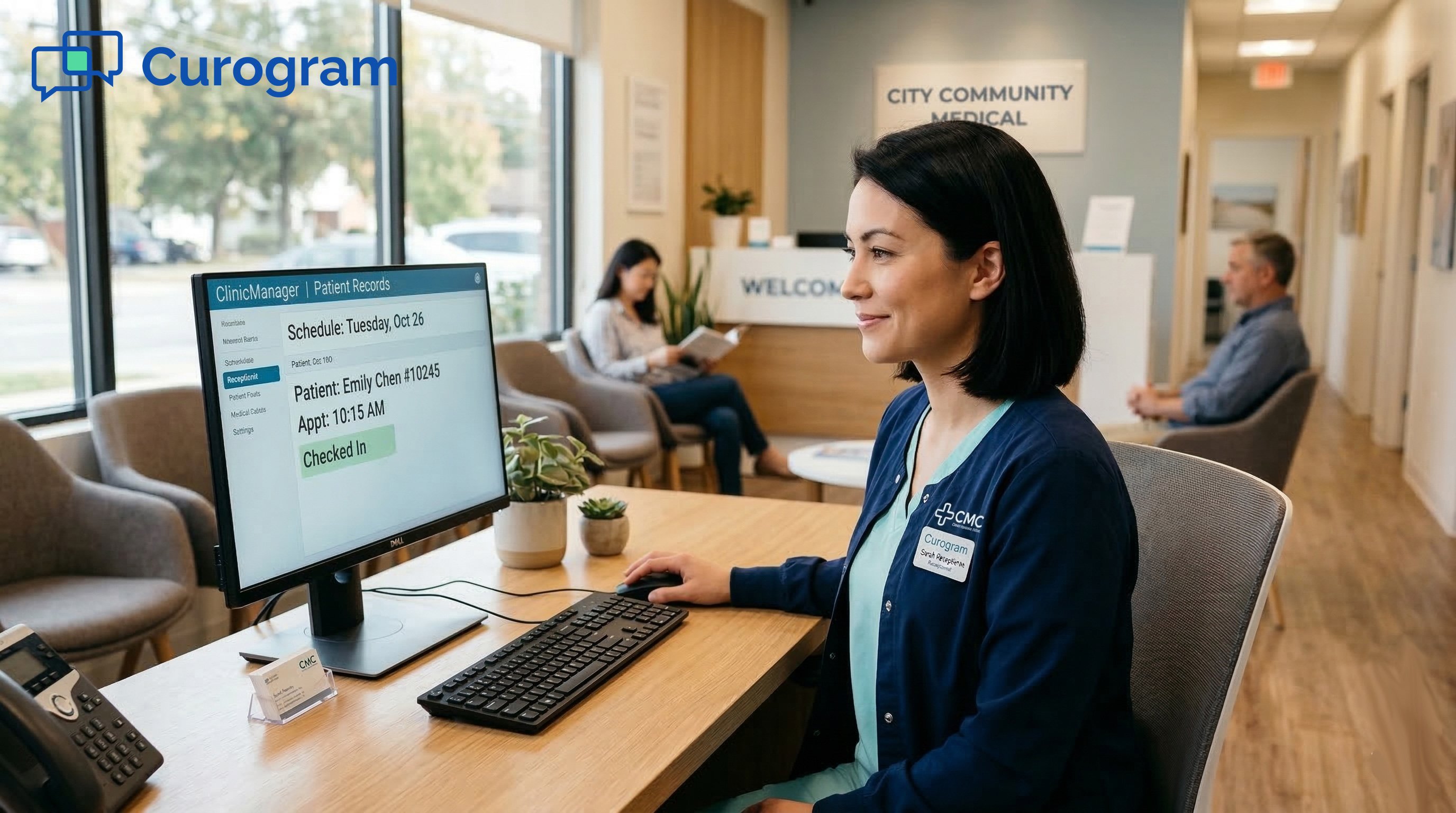A medical receptionist manages patient charts using software at a modern clinic front desk