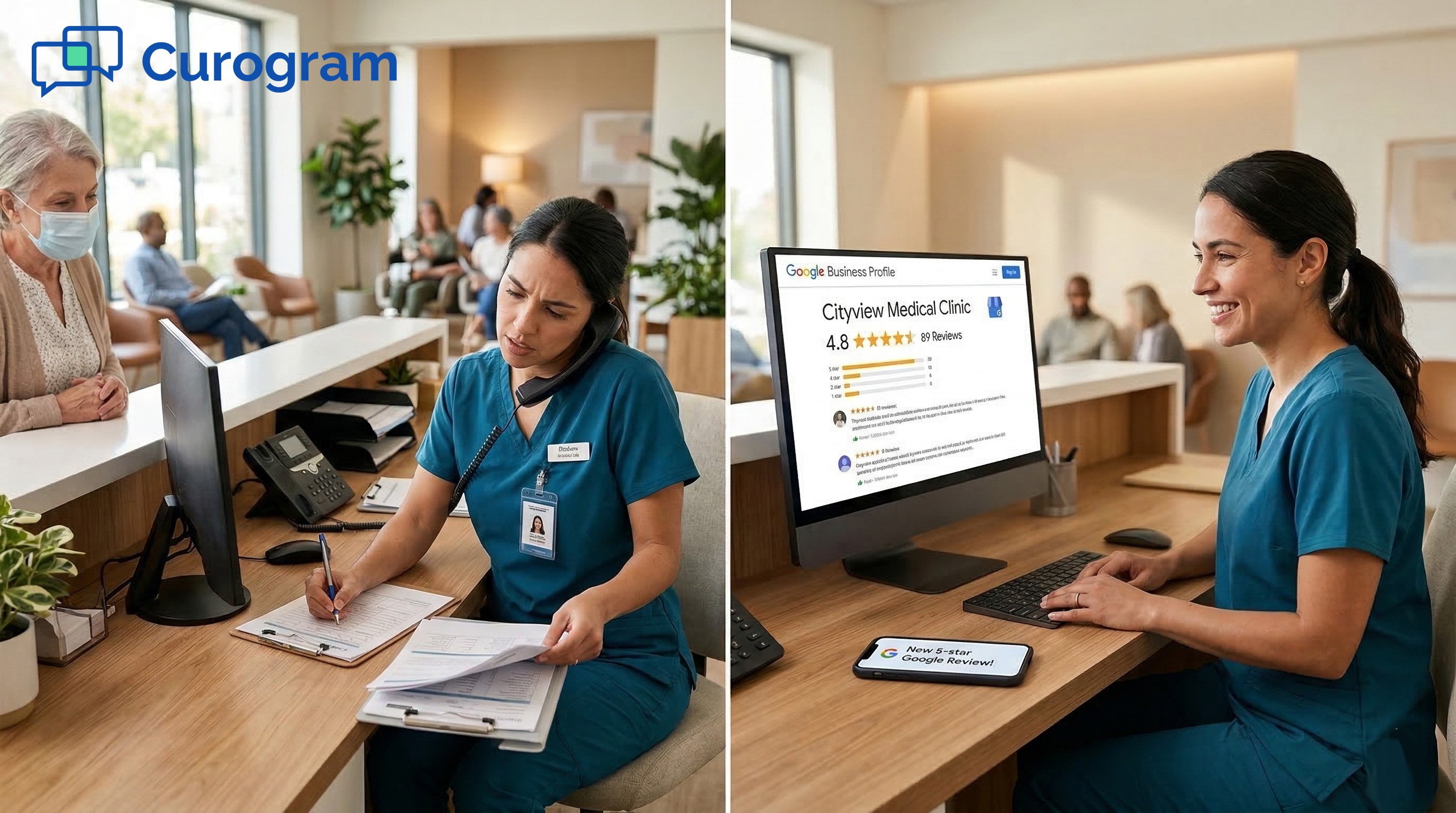 Medical staff on the phone stressed vs. Same staff looking at a 4.8 Google rating, smiling