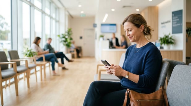 Patient smiling and texting in bright, modern clinic waiting area