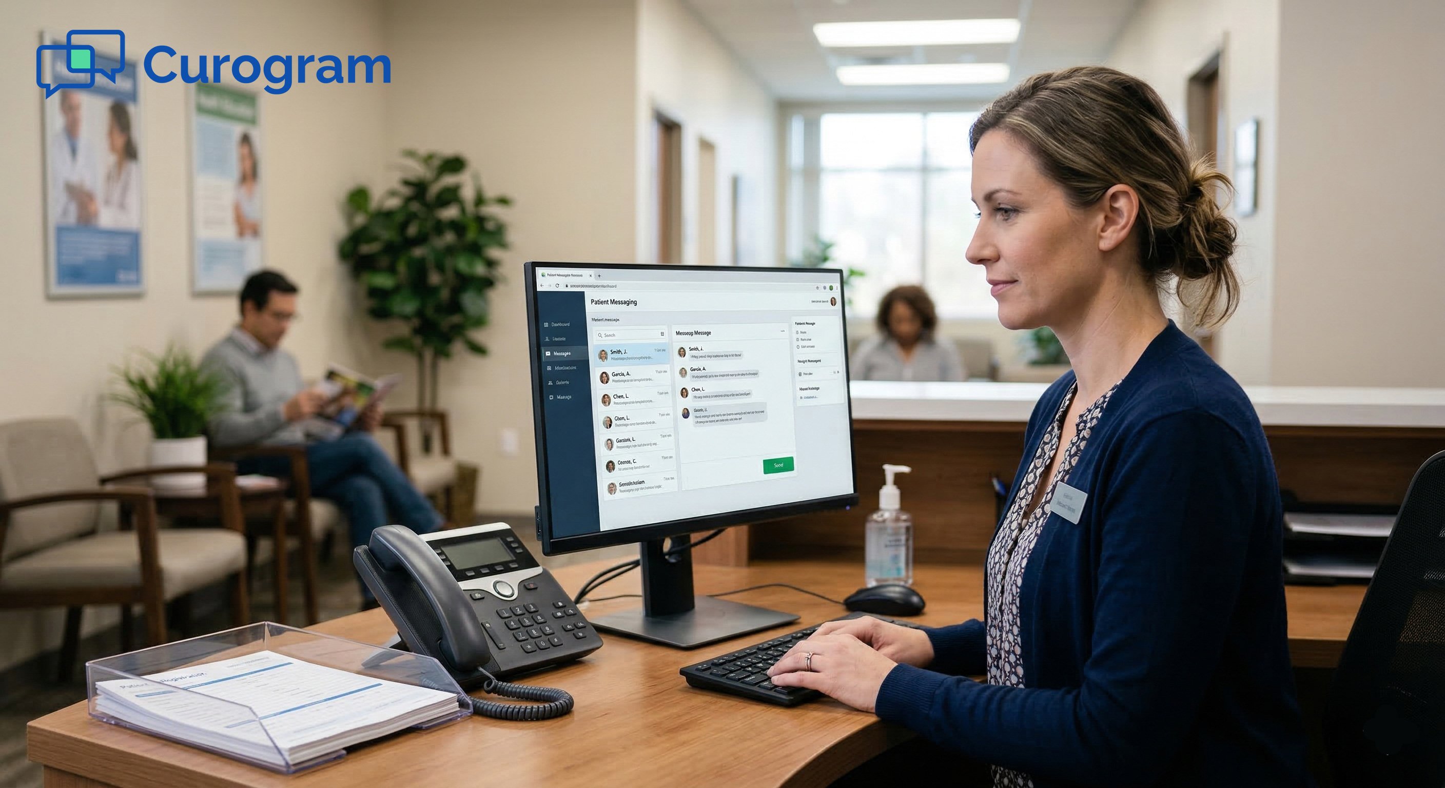 A female receptionist views a patient messaging dashboard on her computer