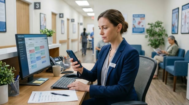 Professional photograph of a medical receptionist, Sarah, in a navy blazer. She looks at her smartphone while at a desk in a clinic hallway