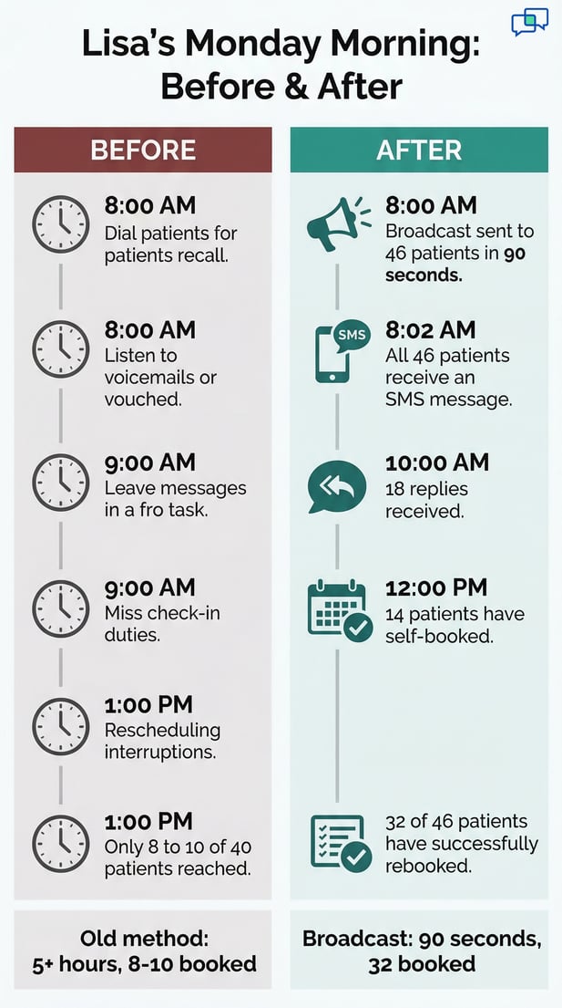 Compare manual vs. automated patient recall: 5+ hours, 8-10 booked vs. 90 seconds, 32 booked