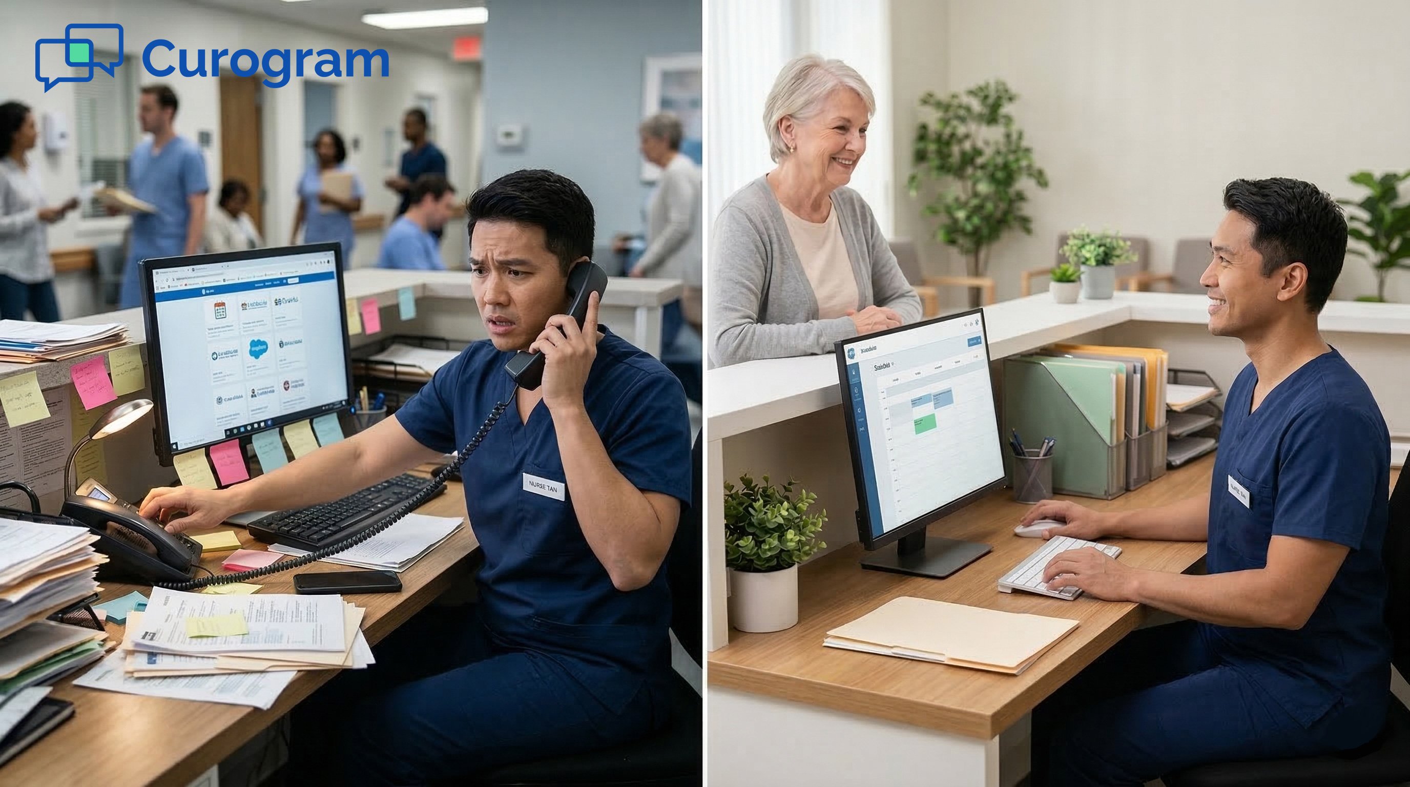 Comparison of stressed male clinic staff vs calm, organized male nurse managing patient messages