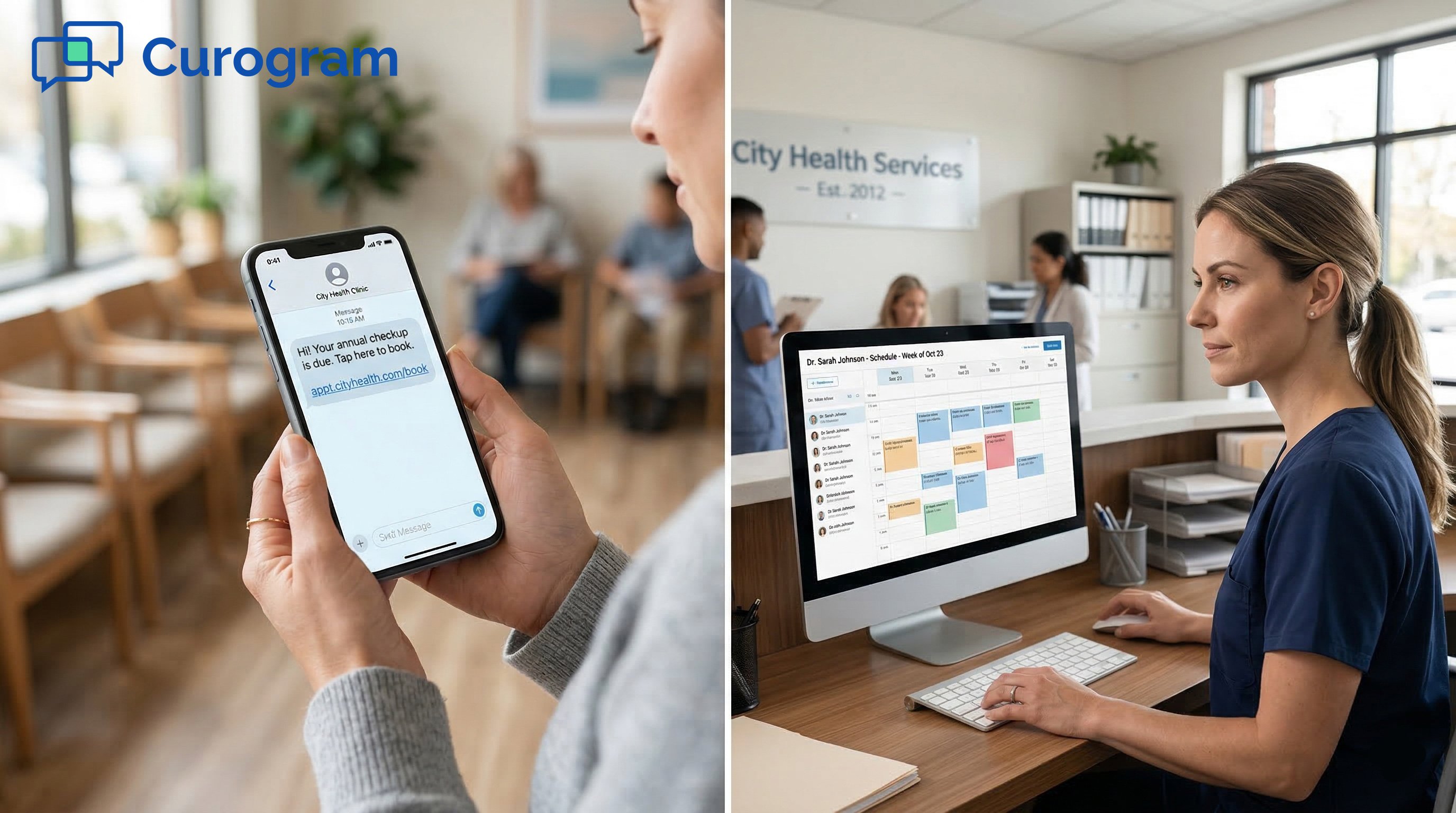 Patient views appointment recall text; clinic staff manages scheduling dashboard