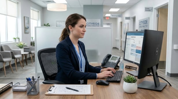 Focused medical receptionist working at modern clinic front desk with computer