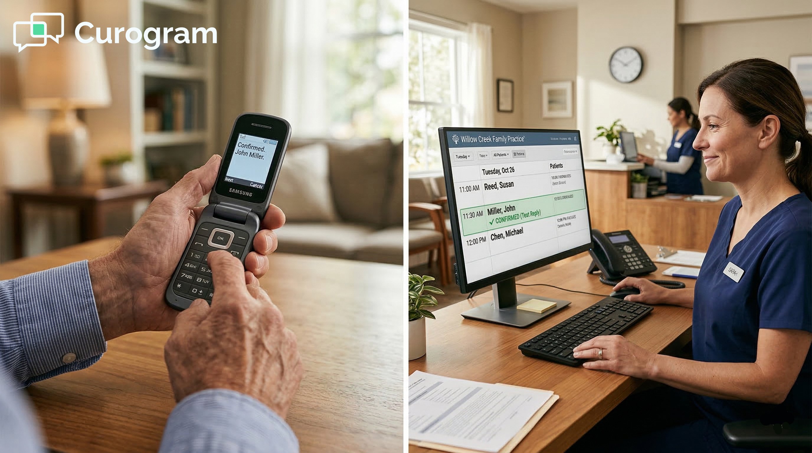 Photo of a patient using a flip phone texting a medical front desk receptionist