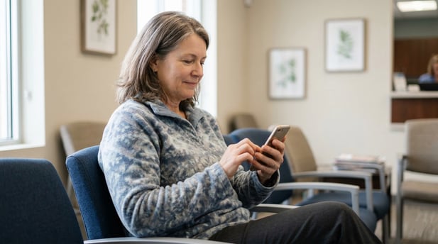 A patient in a medical waiting area easily using a smartphone to reply to appointment text reminders