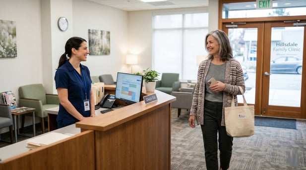 Patient viewing phone while walking with shopping bag after a clinic visit