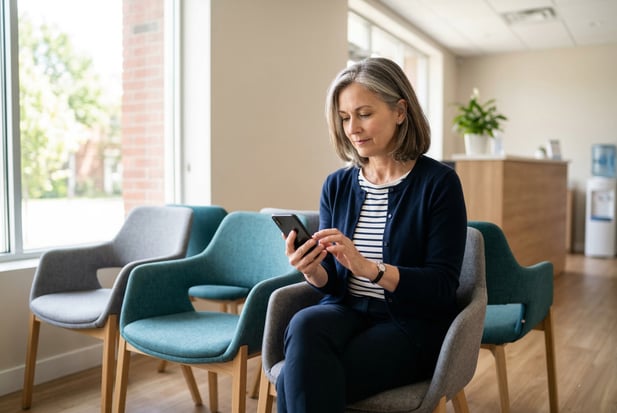 Patient relaxing in a modern clinic waiting room using a smartphone to complete check-in
