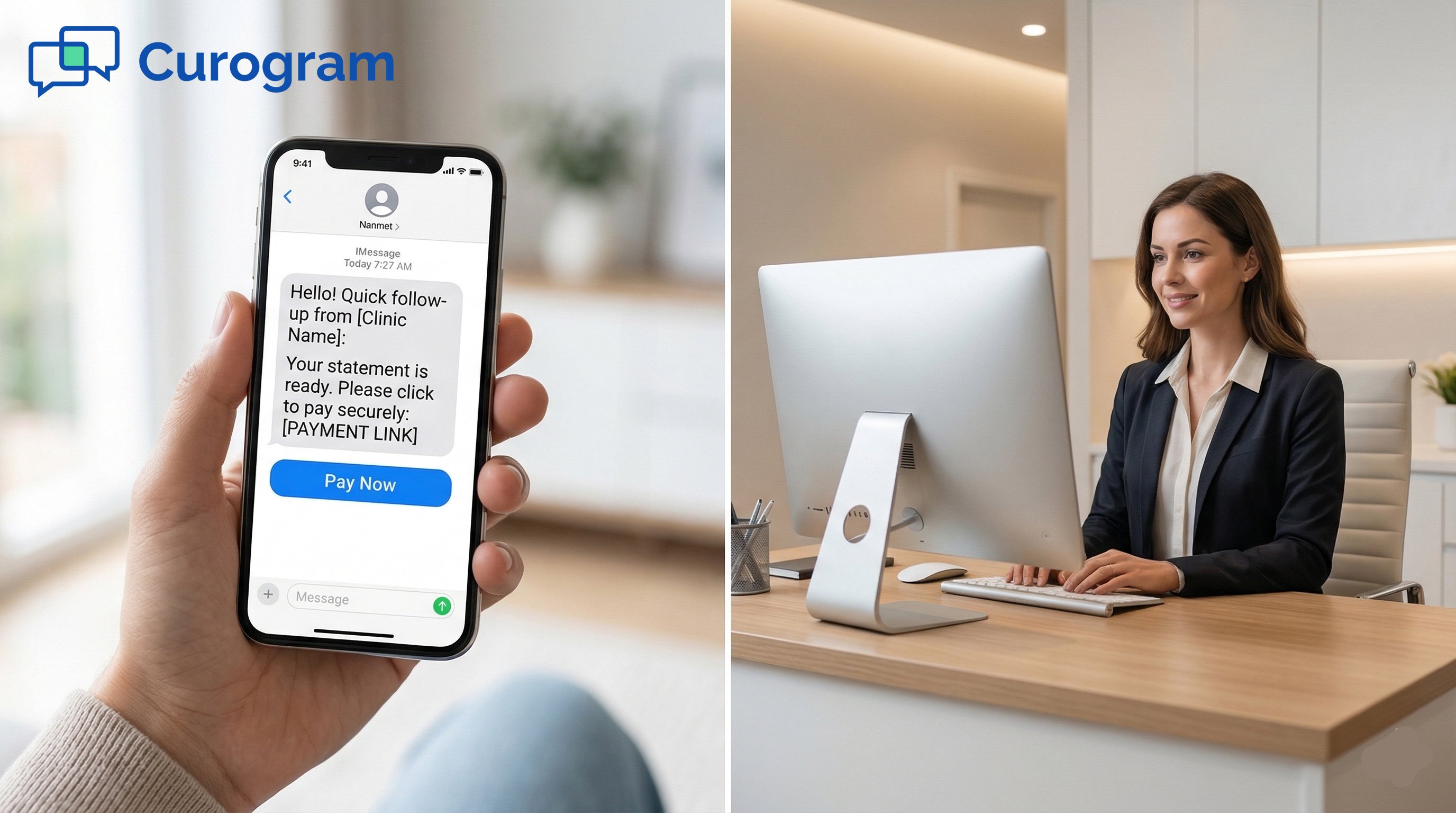 Split screen: clinic payment text on phone and receptionist at desk