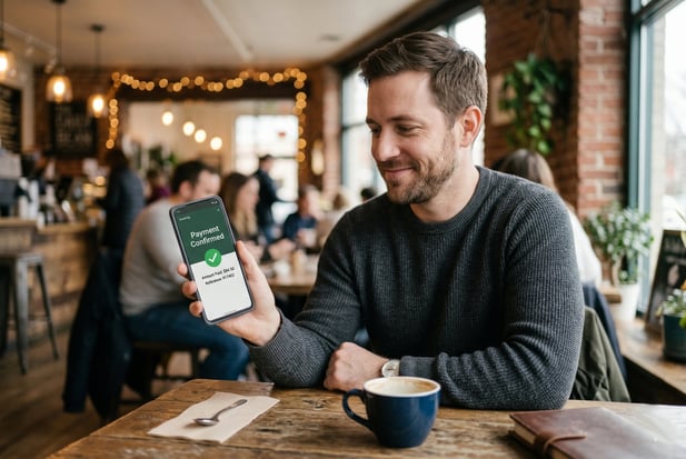 Man in a cafe holds up his phone with a green 'Payment Confirmed' message screen