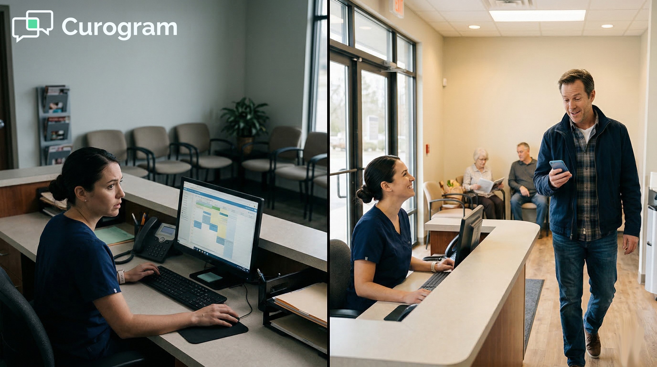 Before/After photo: Empty medical reception versus a busy waiting room with patients