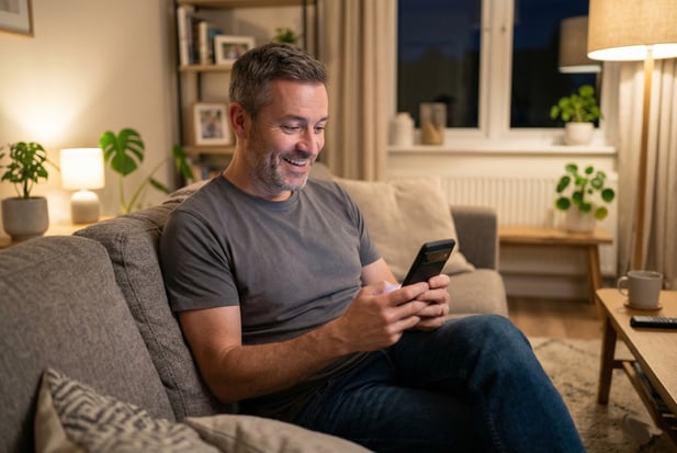 A patient smiling at his smartphone, re-engaged via welcome-back text