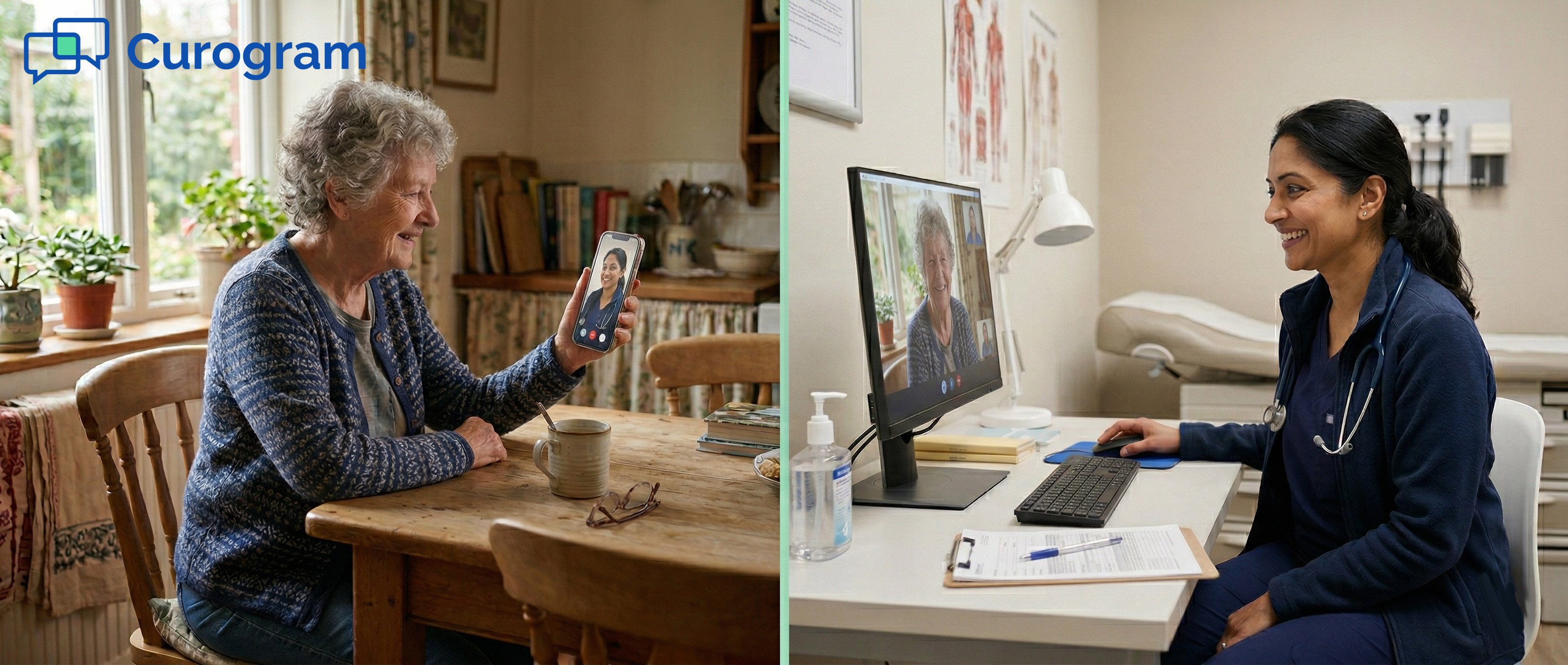 Senior patient and doctor on a telehealth video call split-screen view