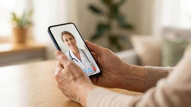 Elderly hands holding a smartphone during a telemedicine video visit