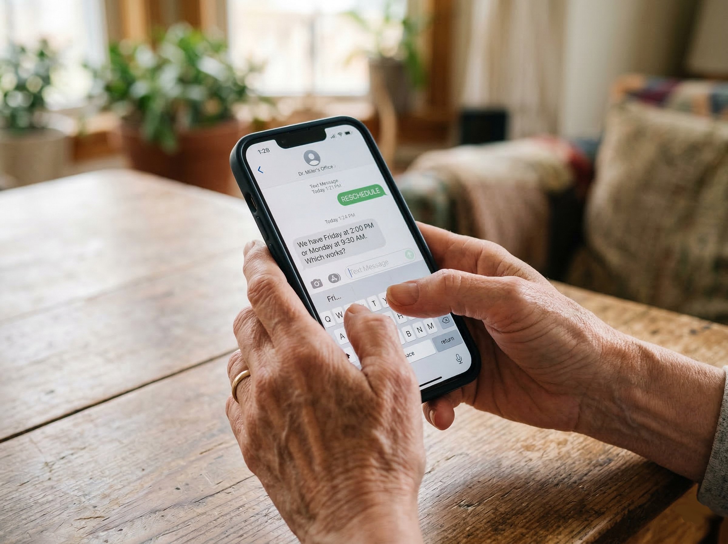 Senior patient uses mobile text messaging to reschedule doctor appointment