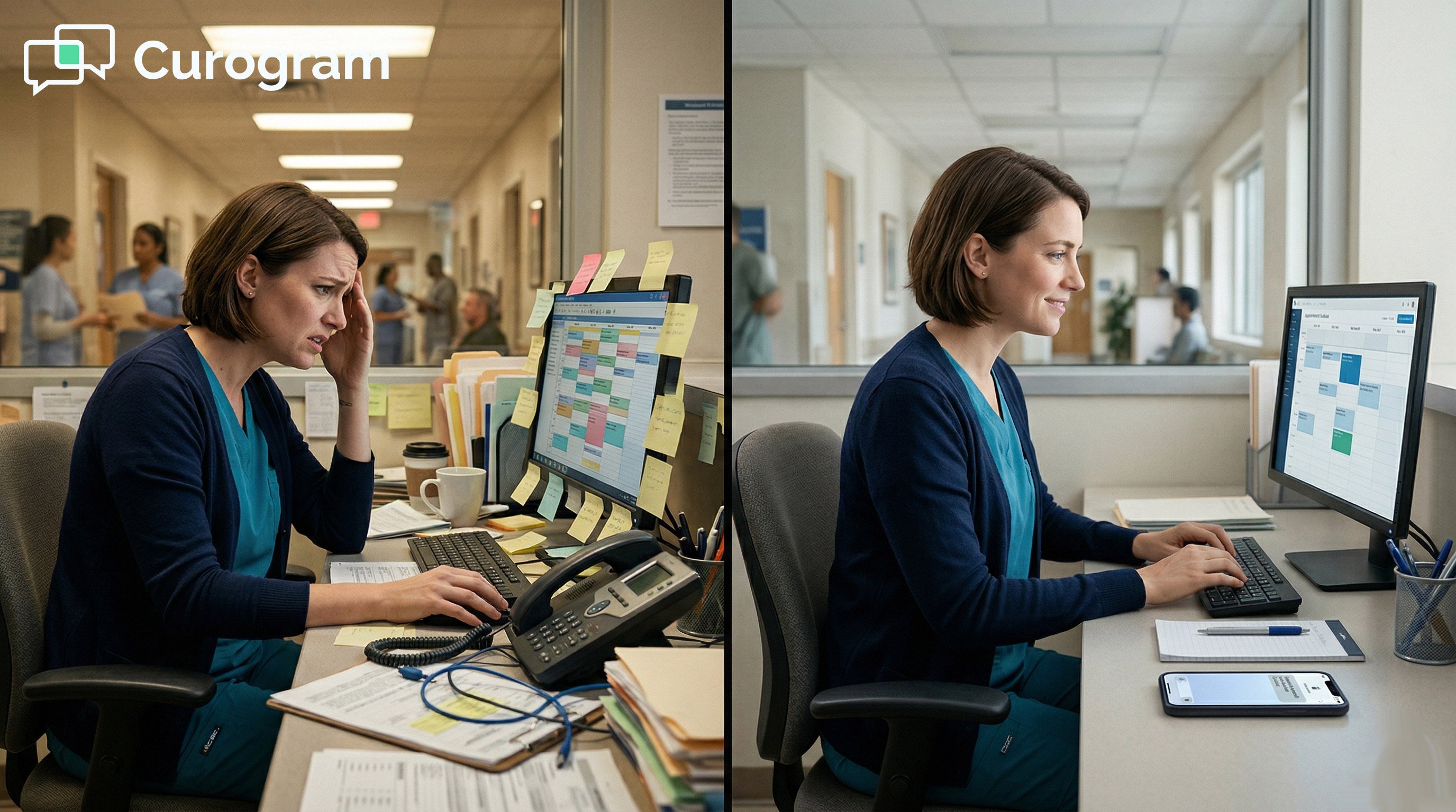 Stressed vs. calm medical office manager showing the impact of better telemedicine workflow