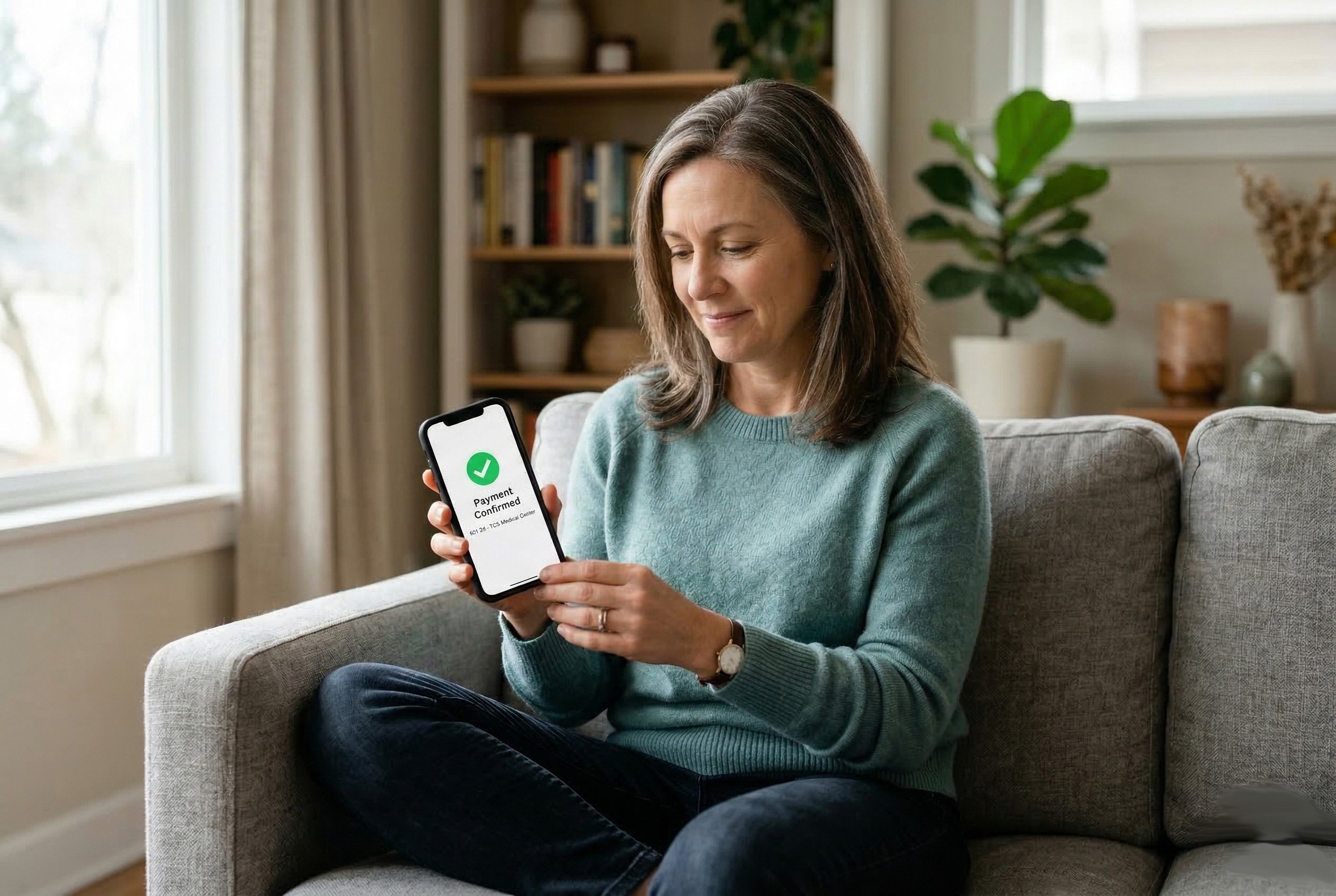 Woman on sofa showing mobile payment confirmation on smartphone