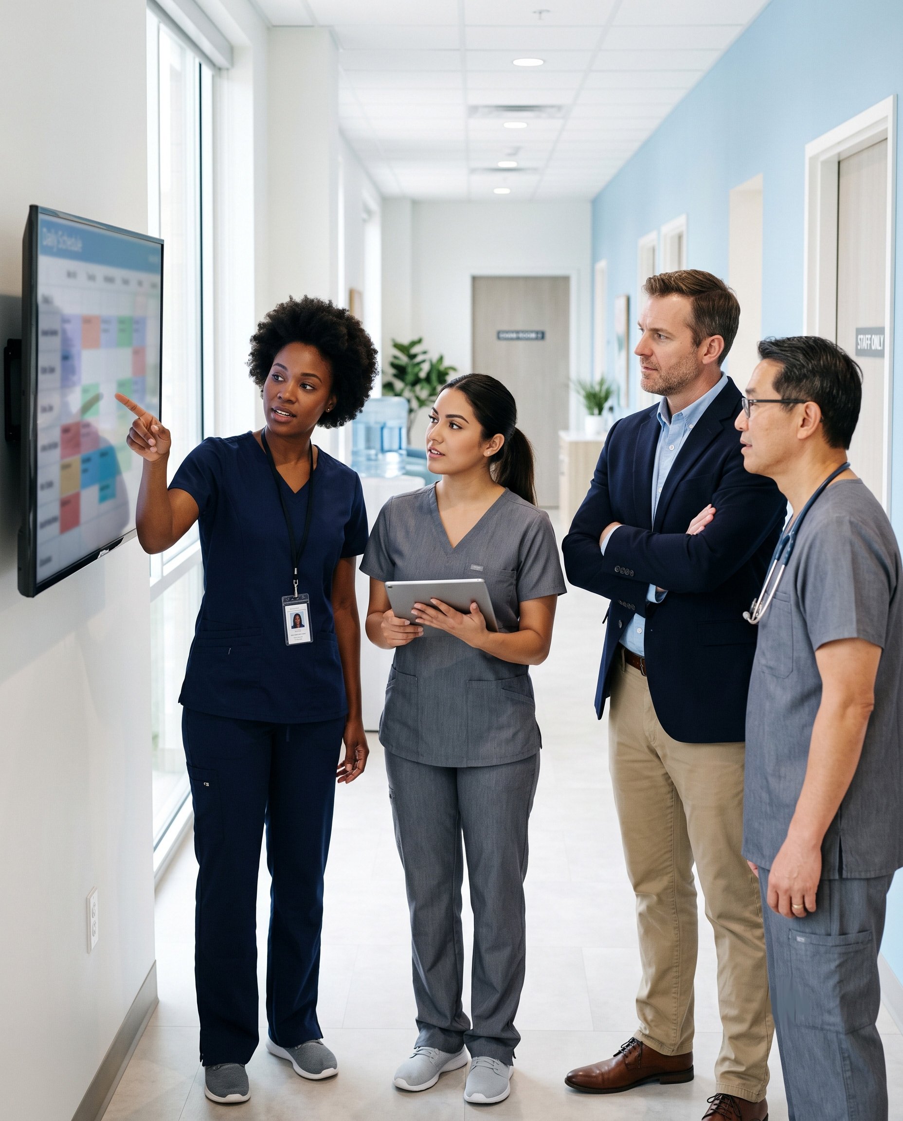Diverse medical team collaborating during a morning huddle in a modern clinic hallway