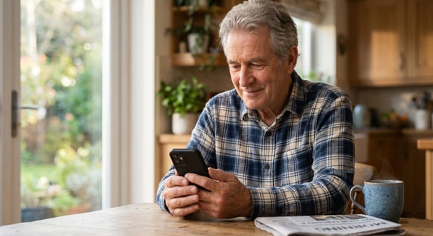 Smiling senior man at a kitchen table, engaging with a text message on his smartphone