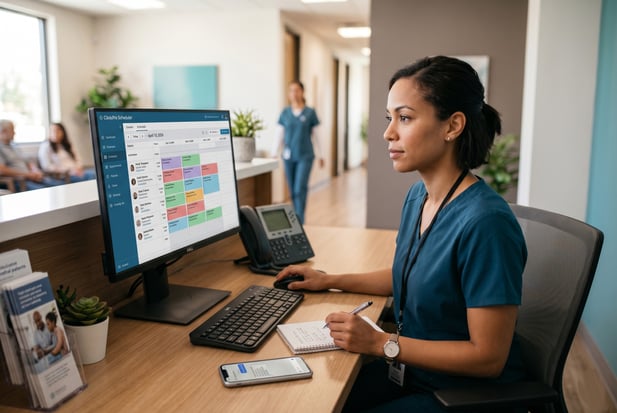 Healthcare receptionist uses clinic scheduling software at front desk