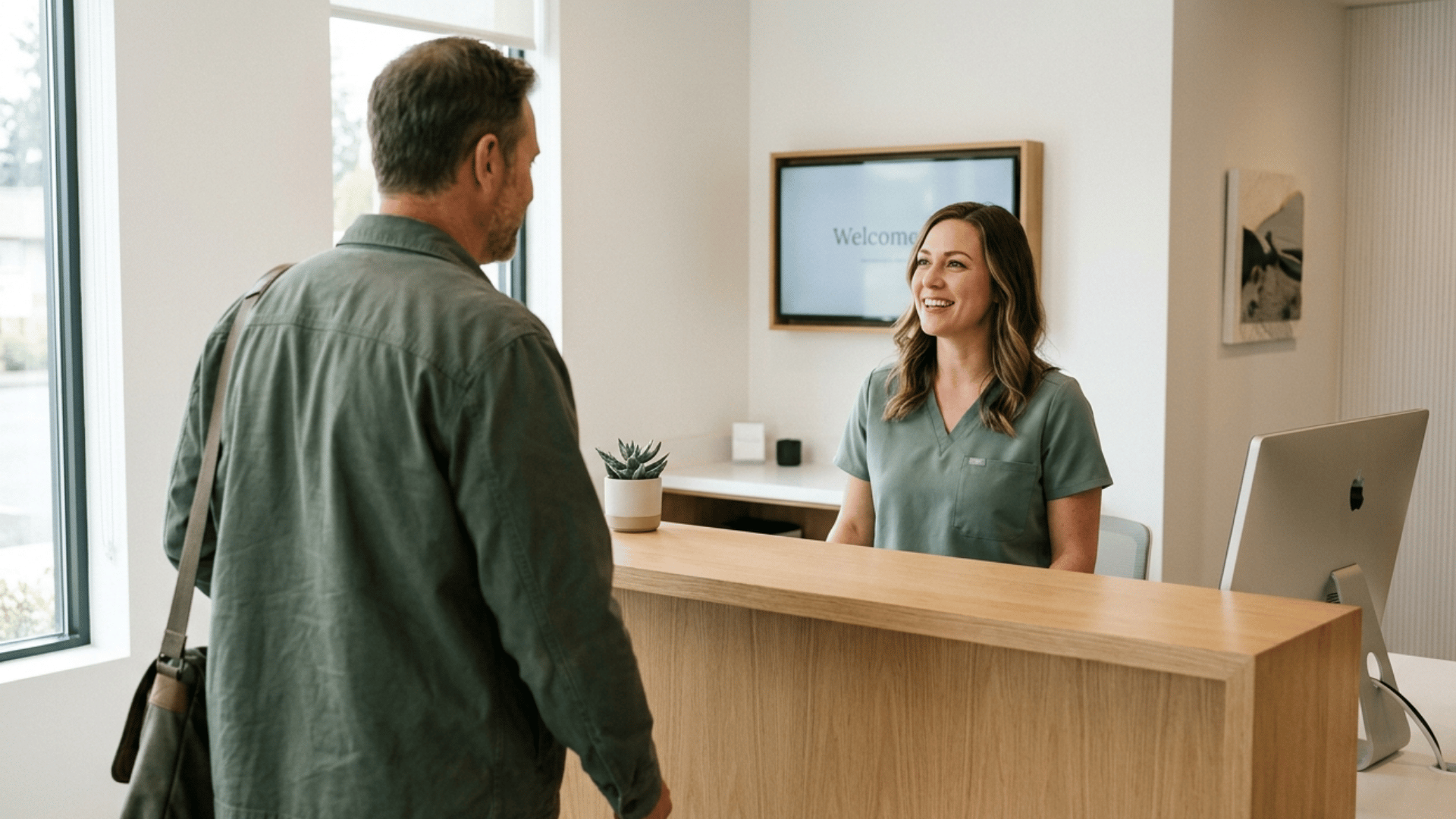 Front-desk staff warmly greeting a patient at a paperless reception counter in a Modmed specialty practice.