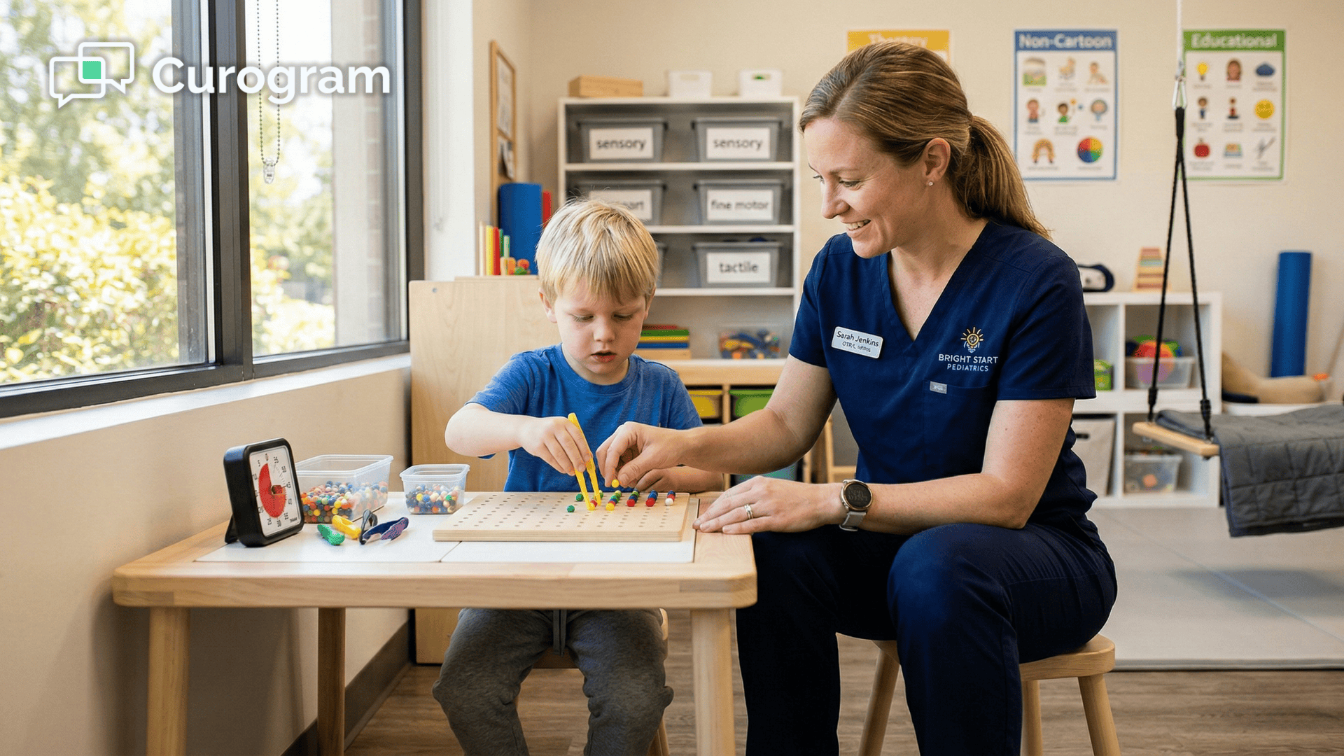 Pediatric occupational therapist working with young child during therapy session