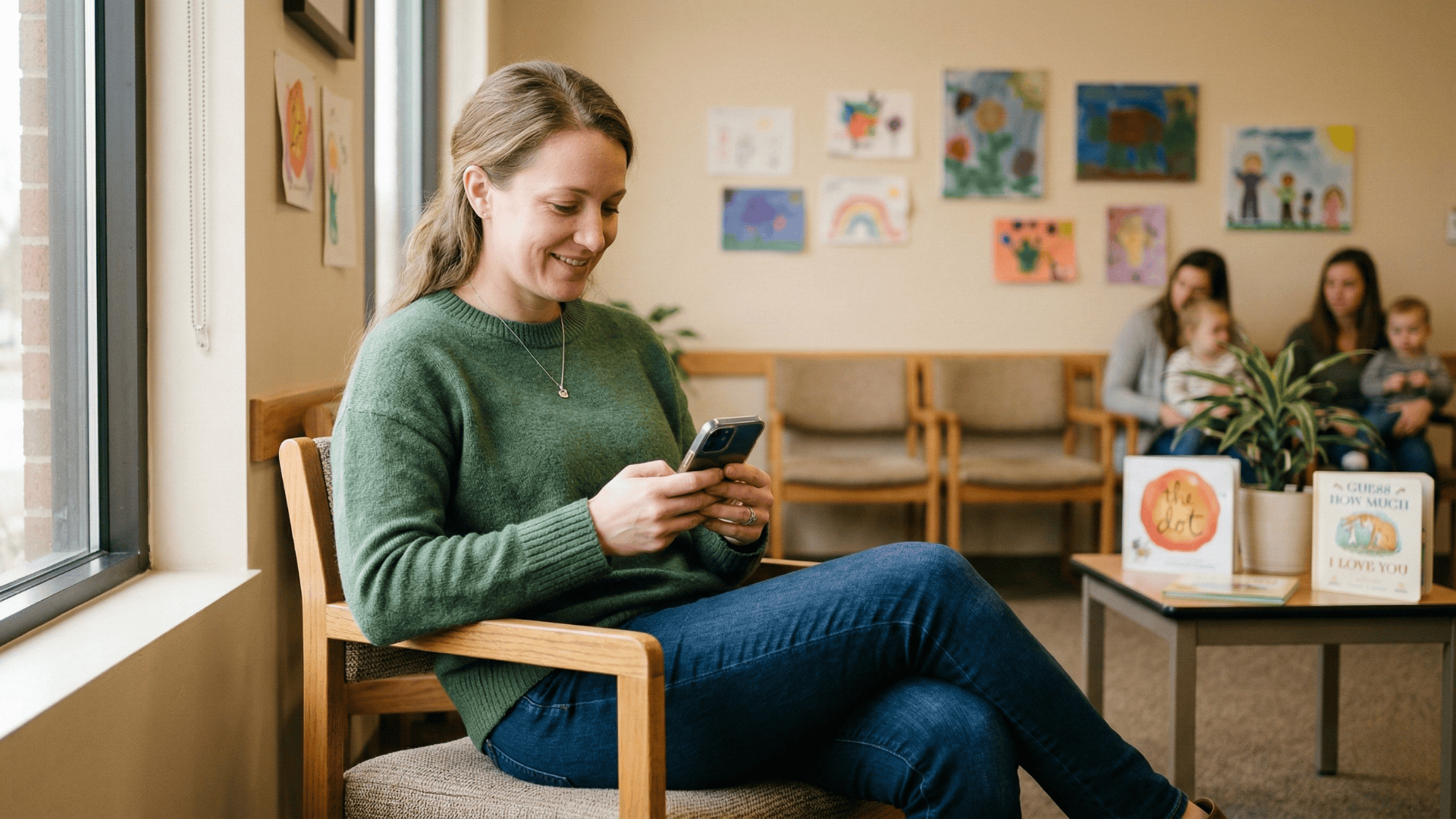 Mother reading Curogram SMS appointment reminder in pediatric clinic waiting room