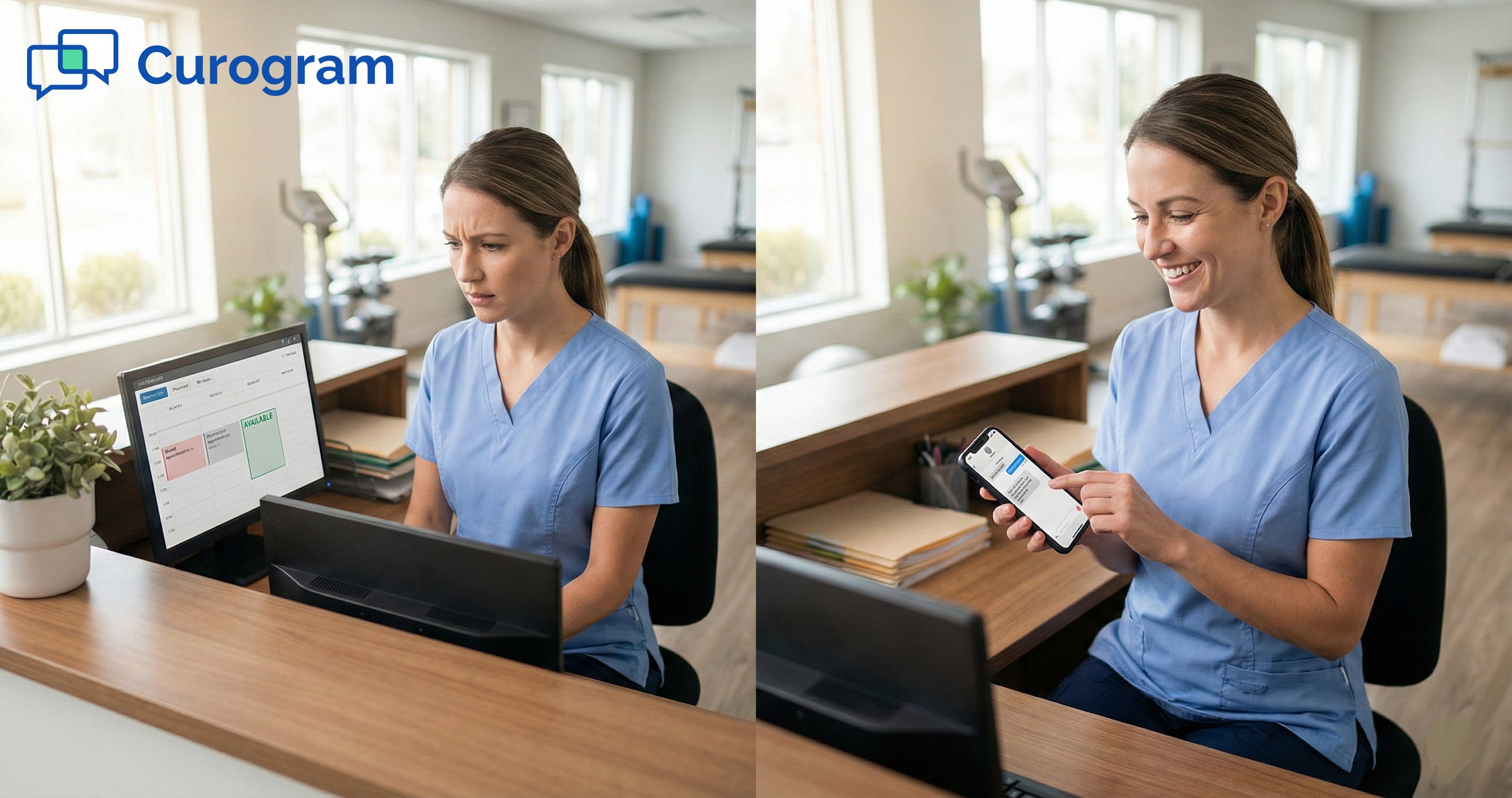 Split photo showing PT clinic staff turning a scheduling problem into a confirmed appointment via text