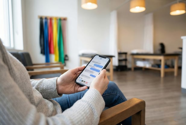 Patient hands holding a smartphone to text their physical therapy clinic from the waiting area