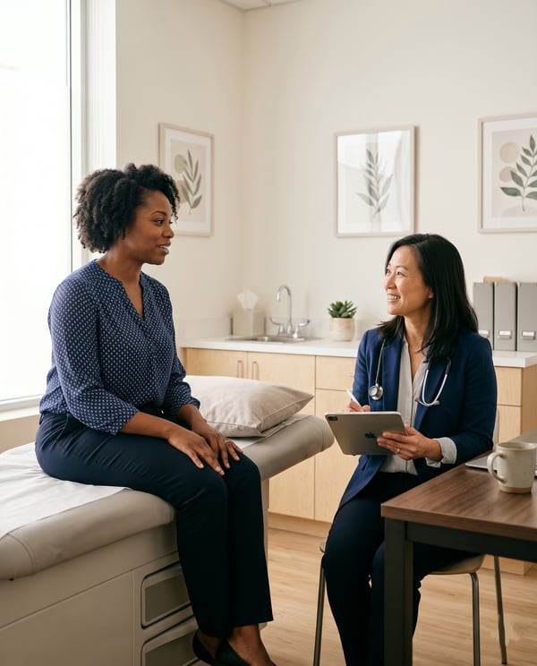 Primary care doctor discussing a health plan with a patient on an exam table