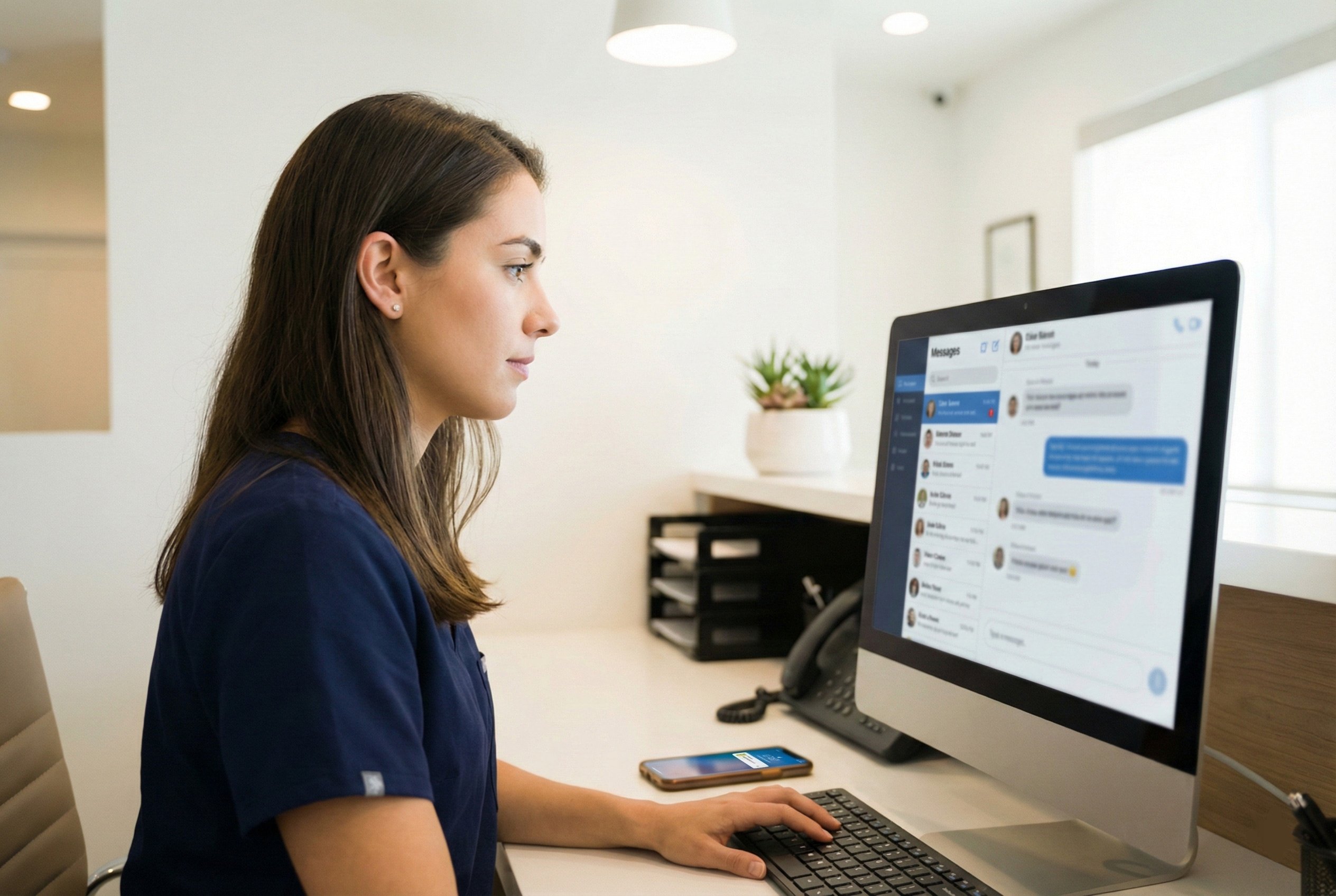 Medical office staff member in scrubs looking at a patient text messaging dashboard on a computer
