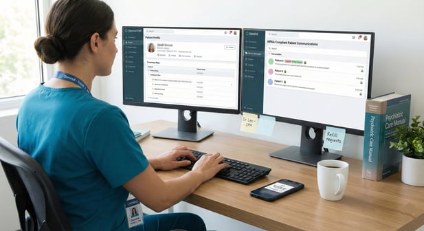Psychiatric nurse at a workstation using a HIPAA-compliant secure patient messaging platform