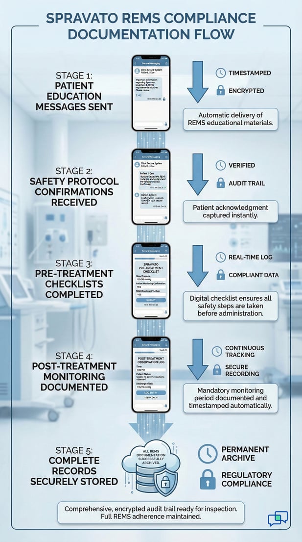 Spravato REMS compliance flow infographic showing secure texting audit trails