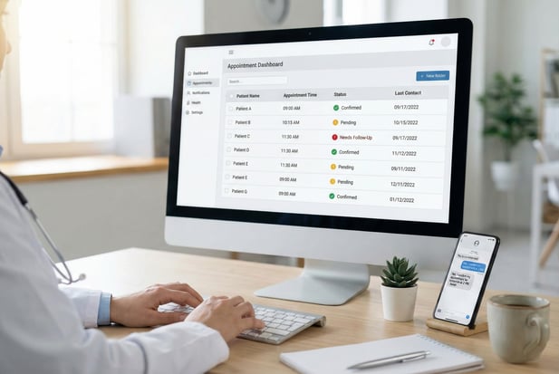Medical professional using an automated appointment management dashboard in a modern clinic