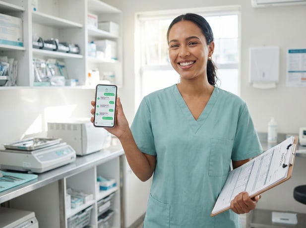 Smiling nurse in a clinic holding a clipboard and a smartphone displaying secure clinical messages