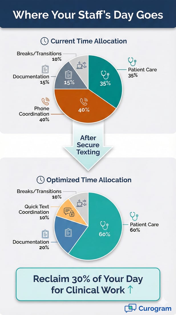 Infographic showing how secure texting increases clinical staff patient care time by 30%