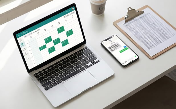 Overhead view of a clinic desk showing 2-way SMS appointment confirmation